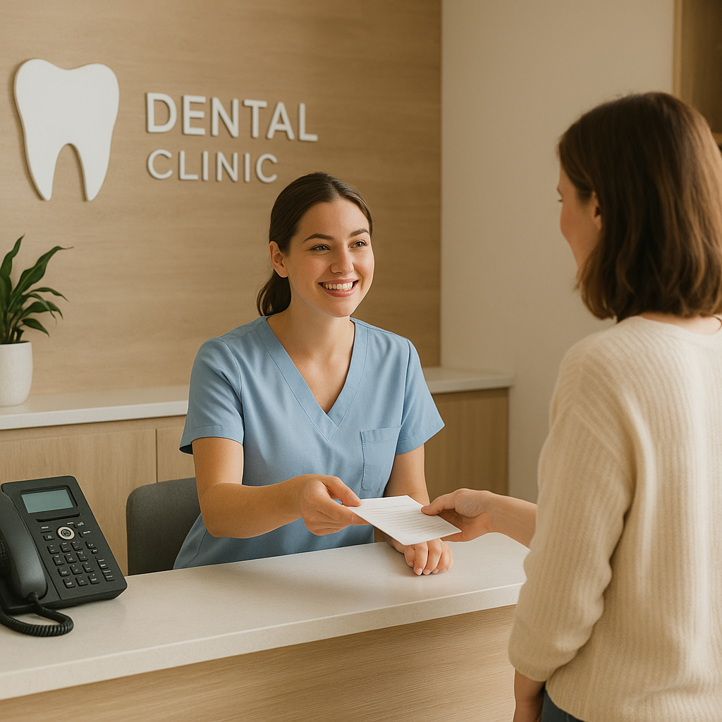 Friendly receptionist at Victor Crescent Dental Clinic in Narre Warren helping a patient at the front desk. Welcoming environment for dental appointments.