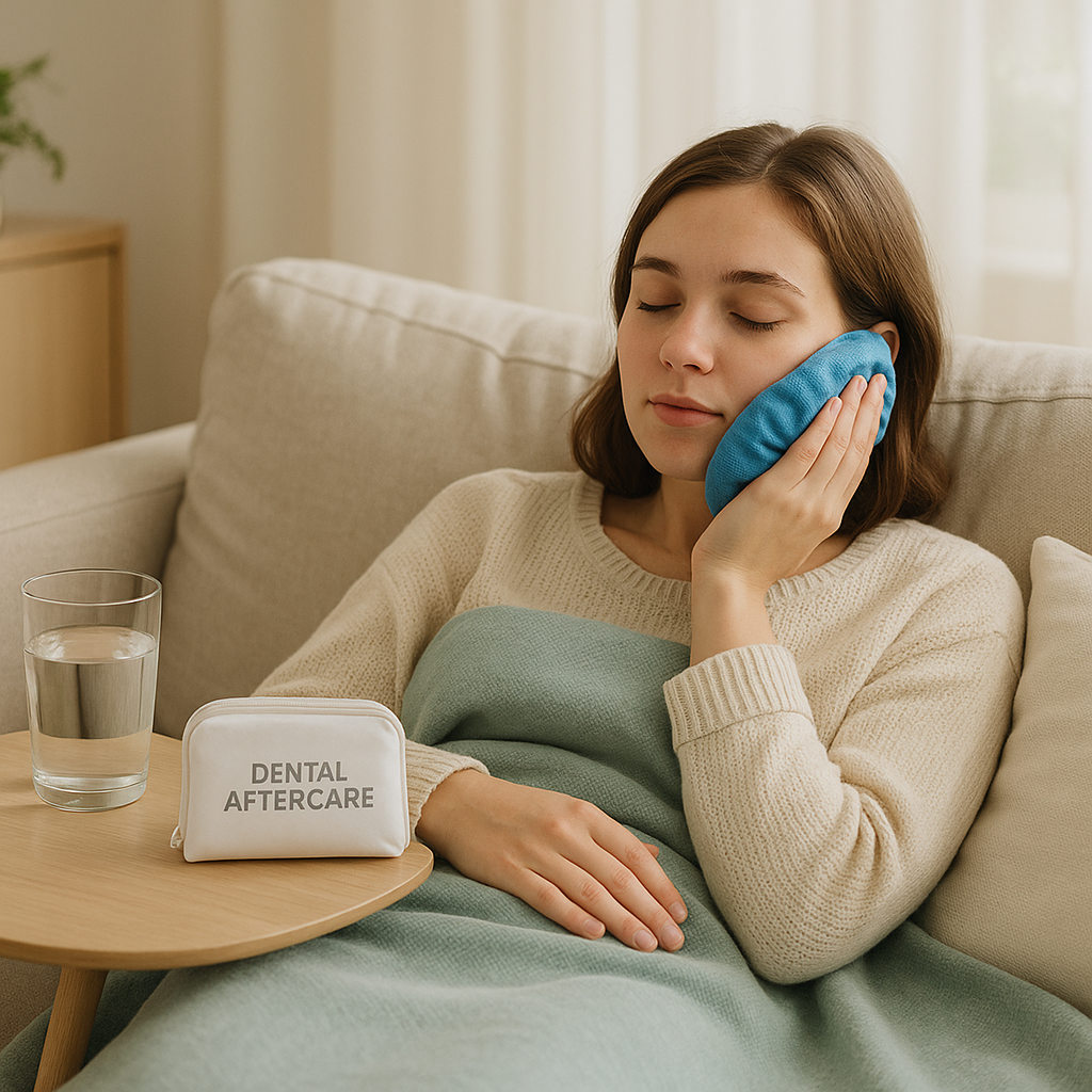 A patient resting at home with a dental aftercare kit and ice pack nearby, following a tooth extraction from Victor Crescent Dental Clinic in Narre Warren.